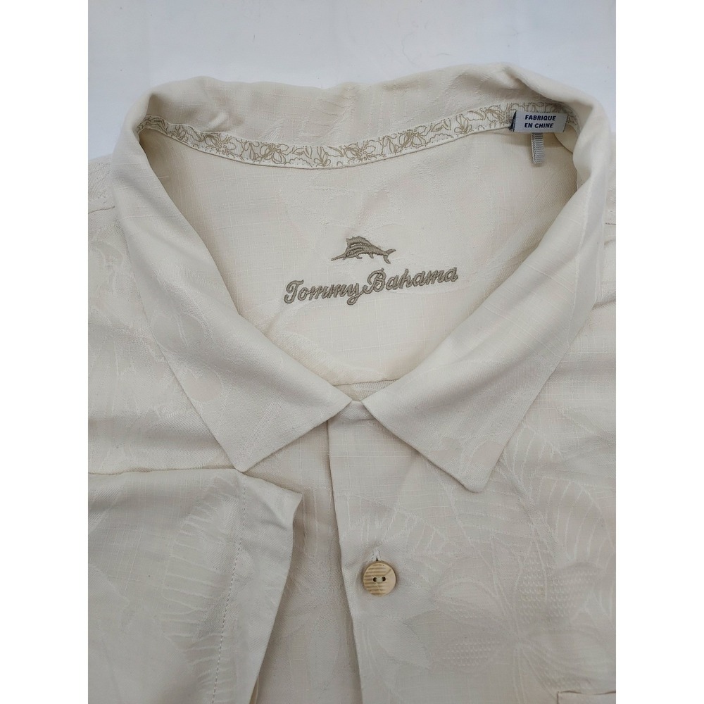 Tommy‎ Bahama 2XLB Beige 100% Silk Button Down Shirt Mens Tropical Print